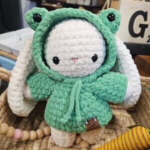 Handmade Crochet Long Floppy-Eared Bunny Plushie in Froggy Hoodie – 8” Tall